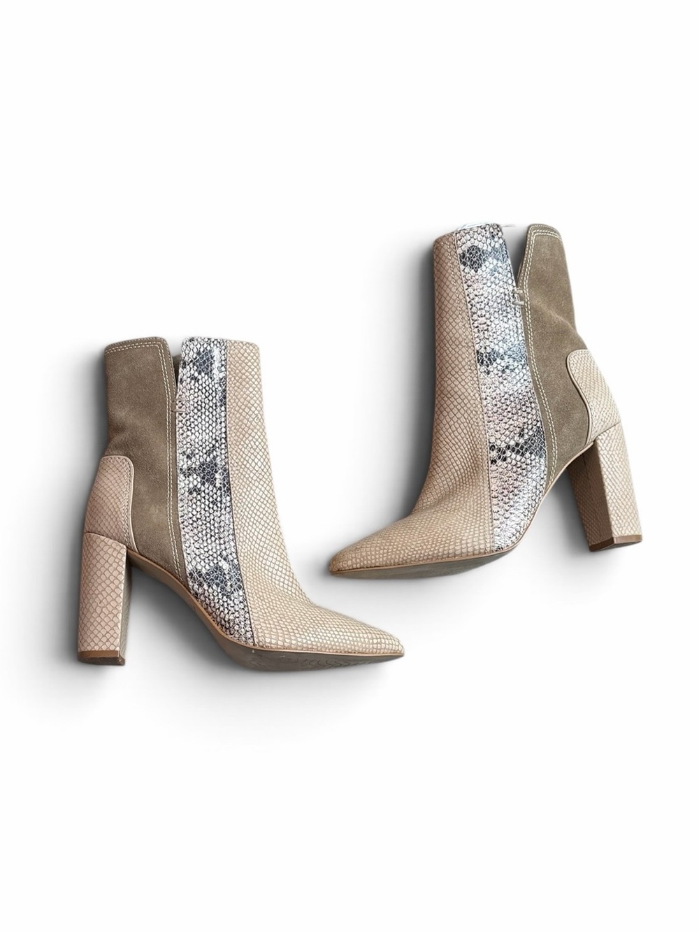 Matisse Beige and Taupe Suede Snake-Panel Block Heel Booties